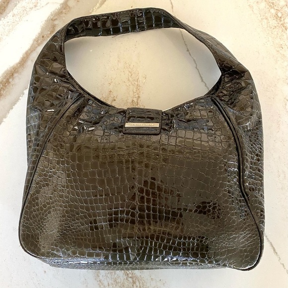 Michael Kors Purse‎ Peninsula Hobo Bag Dark Brown Croc Patent Leather - Picture 10 of 16